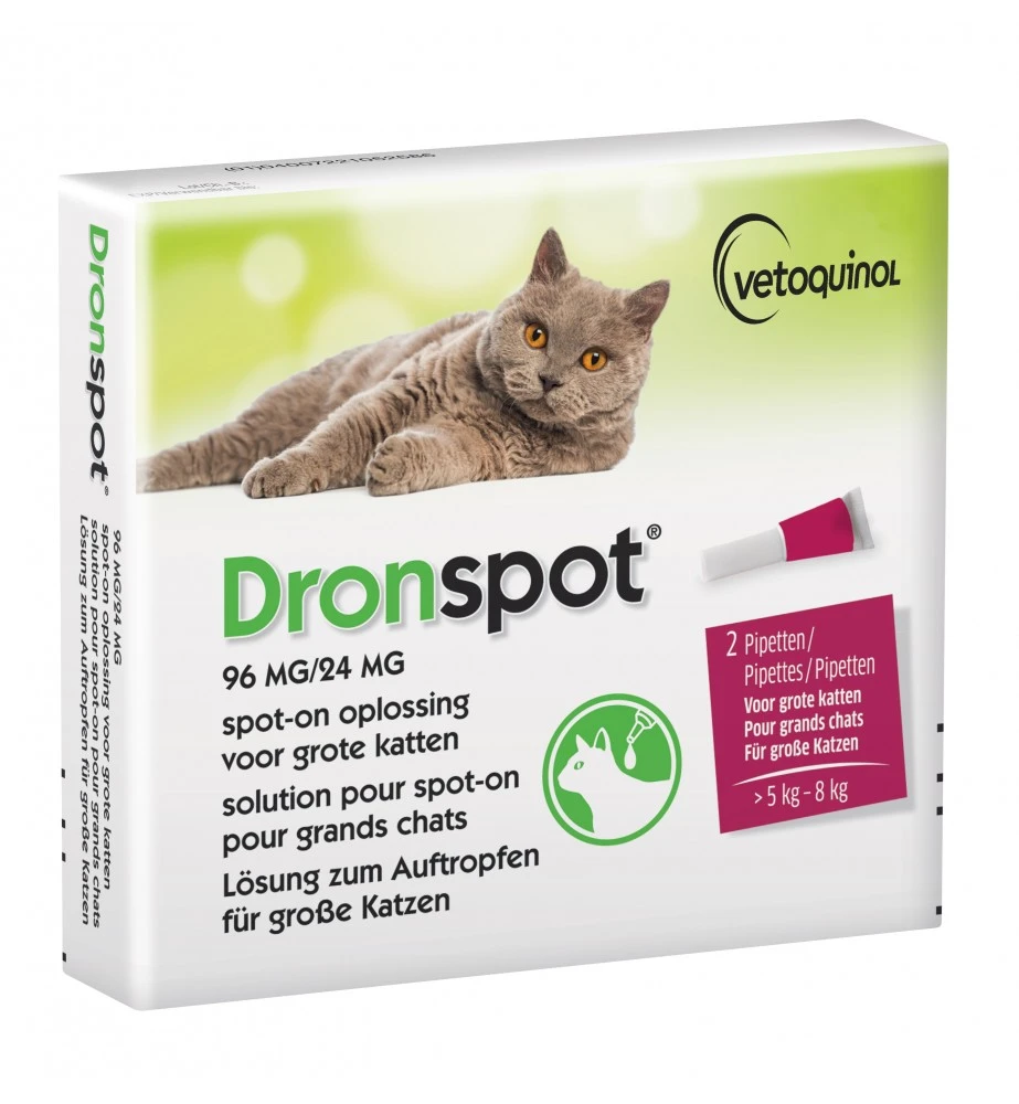 Vetoquinol Dronspot Grote Kat 96 Mg / 24 Mg - 5 T/m 8 Kg - 2 Pipetten 1 Vetoquinol Dronspot Grote Kat 96 Mg / 24 Mg - 5 T/m 8 Kg - 2 Pipetten